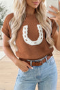 Chestnut western horseshoe print short sleeve knit top front view — Fashionfitz UK