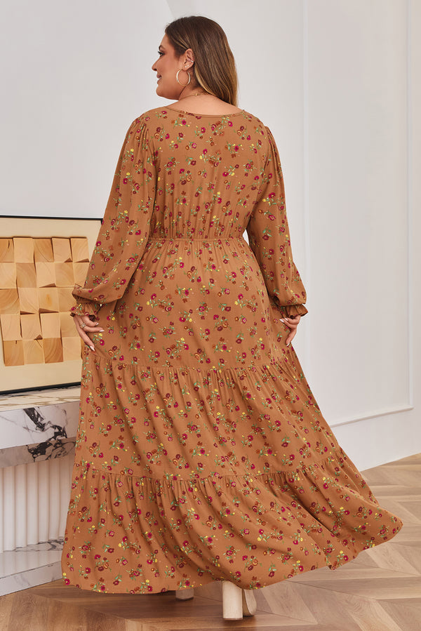 Brown Plus Size Floral Split V Neck Ruffled Sleeve Maxi Dress Women UK — back view