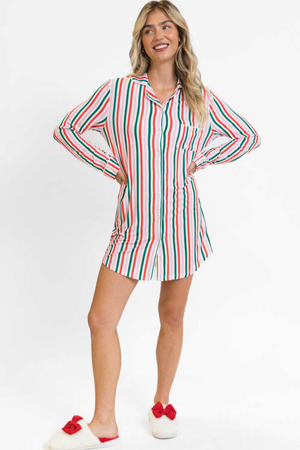 Full front view of Pink Candy Cane Stripe Christmas Lounge Dress by FashionFitz, styled with cozy slippers for a cheerful loungewear look.