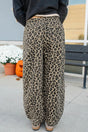 Leopard Print High Waist Drawstring Elastic Waist Loose Denim Jeans with Pockets