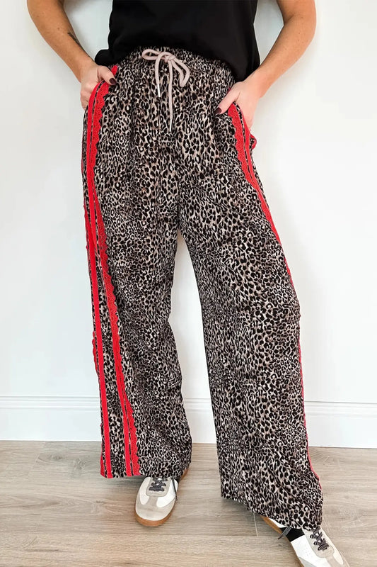 Brown wild leopard print contrast lace striped detail drawstring pants