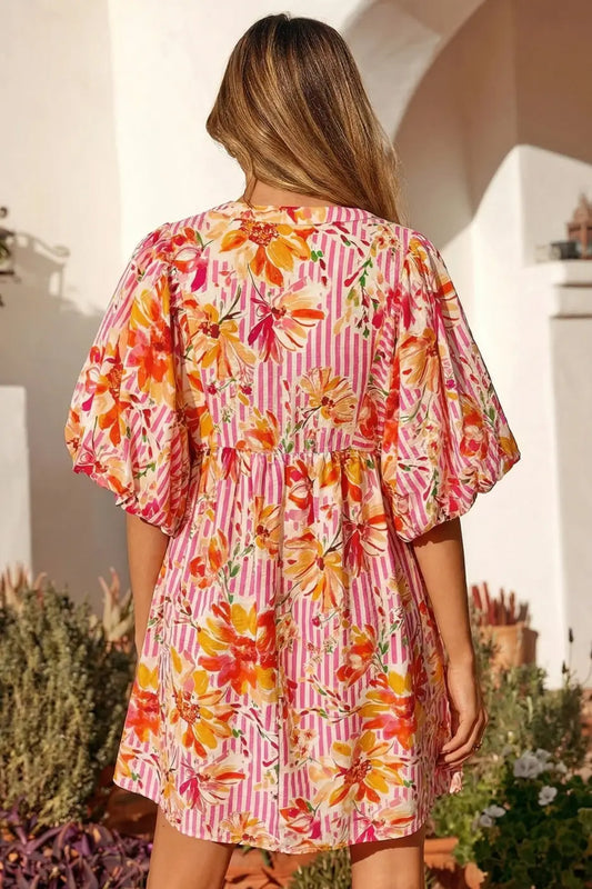 Women’s floral tie neck puff sleeve mini dress | fashionfitz
