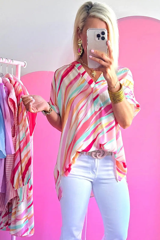 Abstract high low short sleeve blouse | fashionfitz
