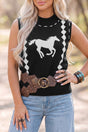 Black western horse geometric print mock neck sweater vest front view — Fashionfitz UK