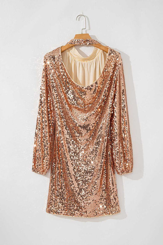 Glimmer Goddess Mini – Gold Sequin Cutout Dress