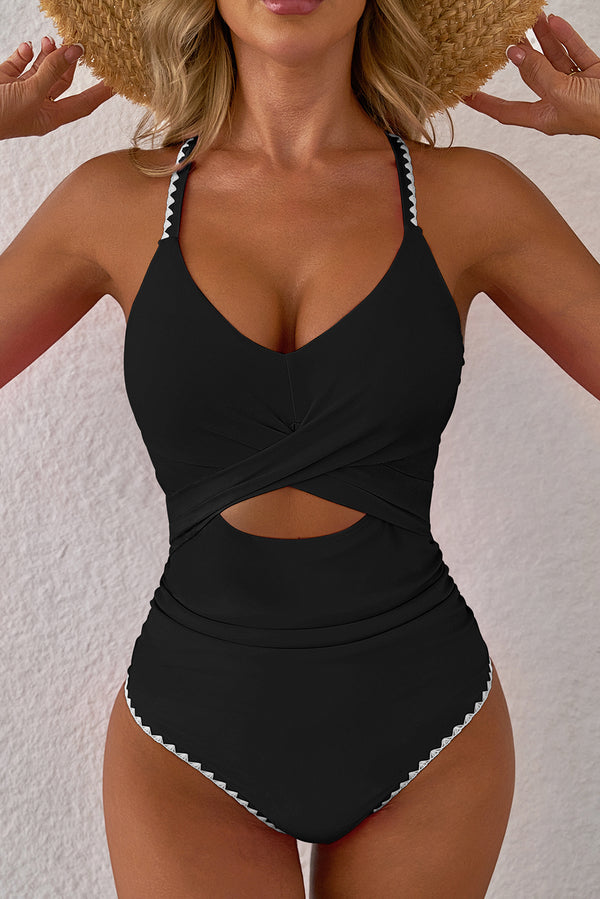 Back view of ric rac trim cutout patchwork one piece swimsuit