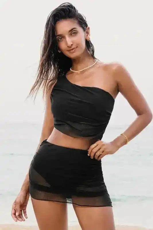 Bikinis Black / S / 82%Polyamide+18%Elastane Mesh One Shoulder Bikini - Top and Skirt Set