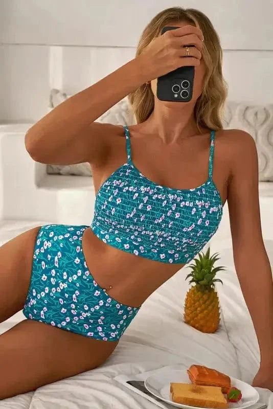 Bikinis Blue Floral Smocked Bikini Set