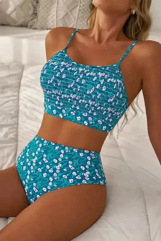Bikinis Blue Floral Smocked Bikini Set
