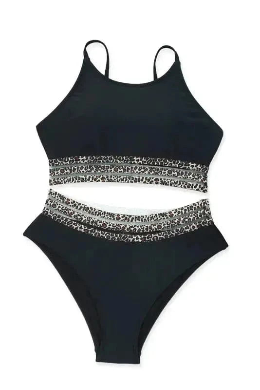 Bikinis Leopard Mesh Trim Bikini Set - Two Piece Swimwear