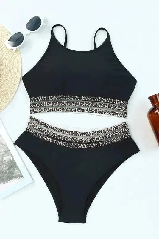 Bikinis Leopard Mesh Trim Bikini Set - Two Piece Swimwear