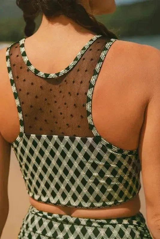 Bikinis Plaid High Waist Bikini - Dotted Mesh Patchwork