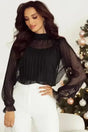 Black Polka Dot Lace Illusion Blouse Women UK — front view showing classic polka dot pattern and boat neckline — Fashionfitz