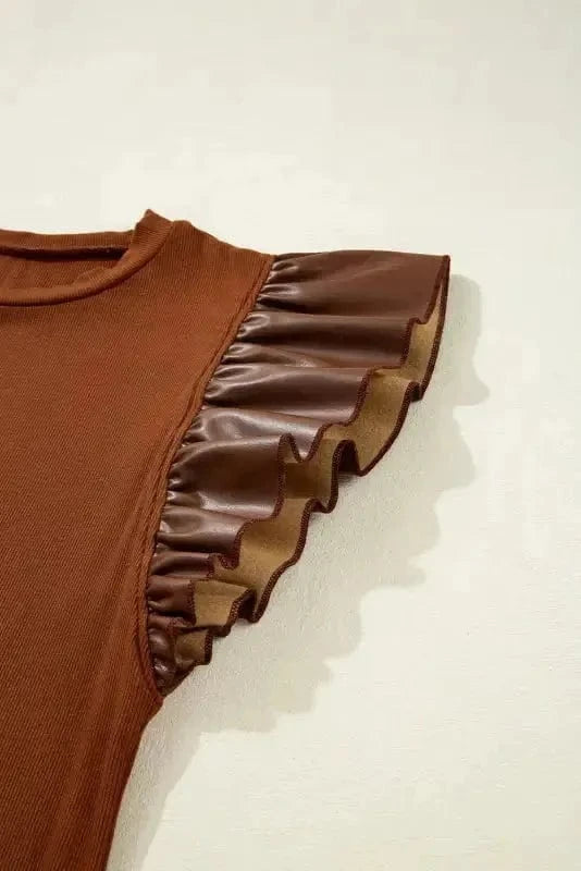 Blouses Cinnamon Ruffle Blouse – Chic Leather Sleeve Statement