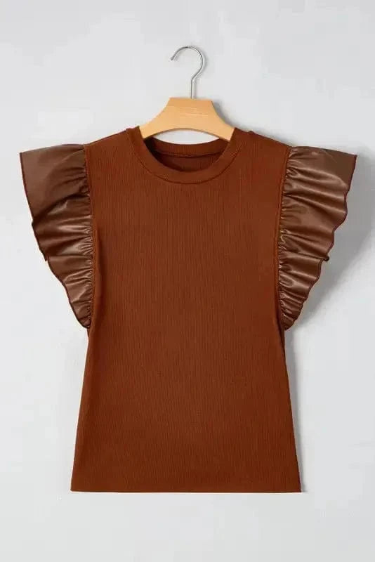 Blouses Cinnamon Ruffle Blouse – Chic Leather Sleeve Statement