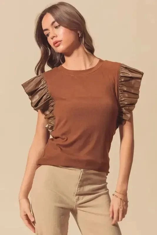 Blouses Cinnamon Ruffle Blouse – Chic Leather Sleeve Statement