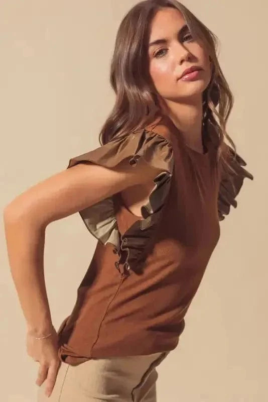 Blouses Cinnamon Ruffle Blouse – Chic Leather Sleeve Statement