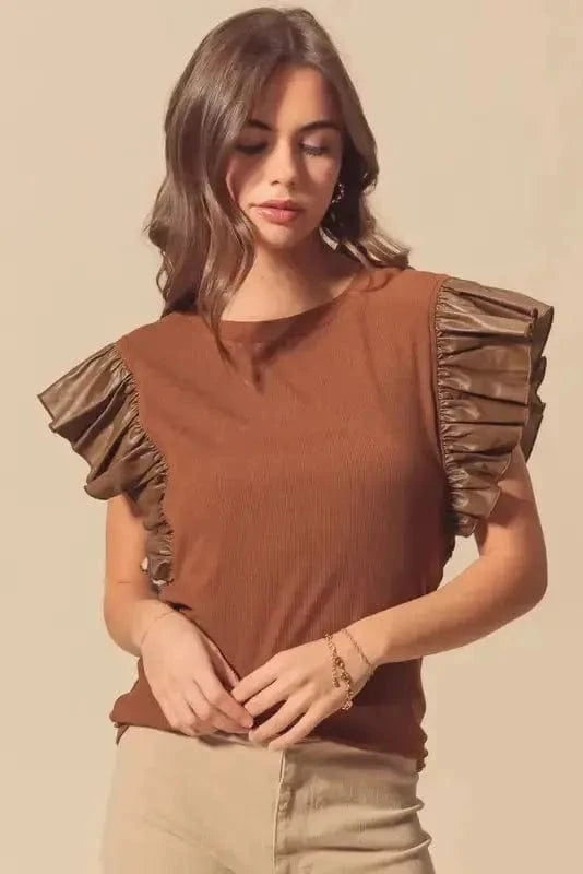 Blouses Cinnamon Ruffle Blouse – Chic Leather Sleeve Statement