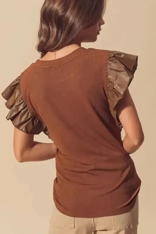 Blouses Cinnamon Ruffle Blouse – Chic Leather Sleeve Statement