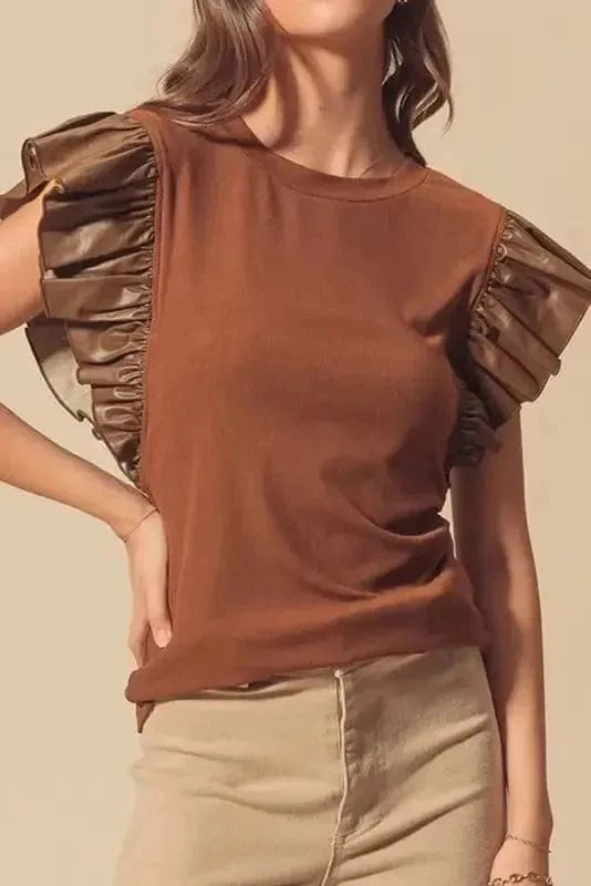 Blouses Cinnamon / S / 93%Viscose+7%Elastane Cinnamon Ruffle Blouse – Chic Leather Sleeve Statement