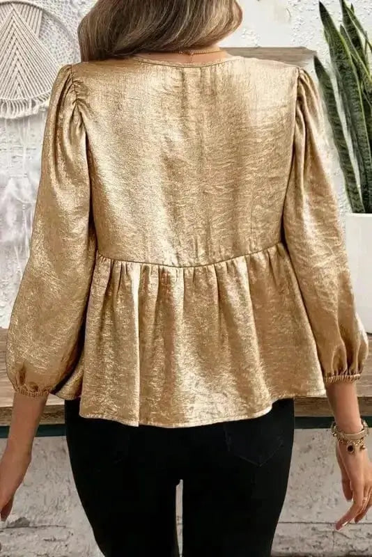 Gold bow tie puff sleeve ruffle blouse back view — Fashionfitz UK
