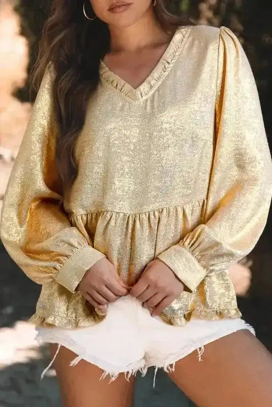 Blouses Gold / S / 100%Polyester Metallic Velvet Babydoll Blouse