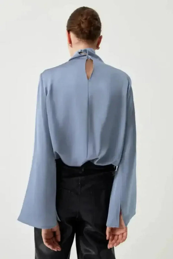 Blue satin pleated turtleneck bell sleeve blouse back view — Fashionfitz UK