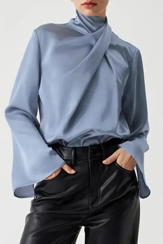Blouses Ivy / S / 90%Polyester+10%Elastane Ivy Asymmetric Blouse - Pleated Turtleneck Bell Sleeve