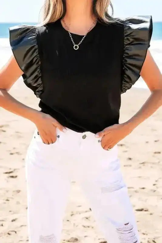 Blouses Leather Ruffle Sleeve Blouse