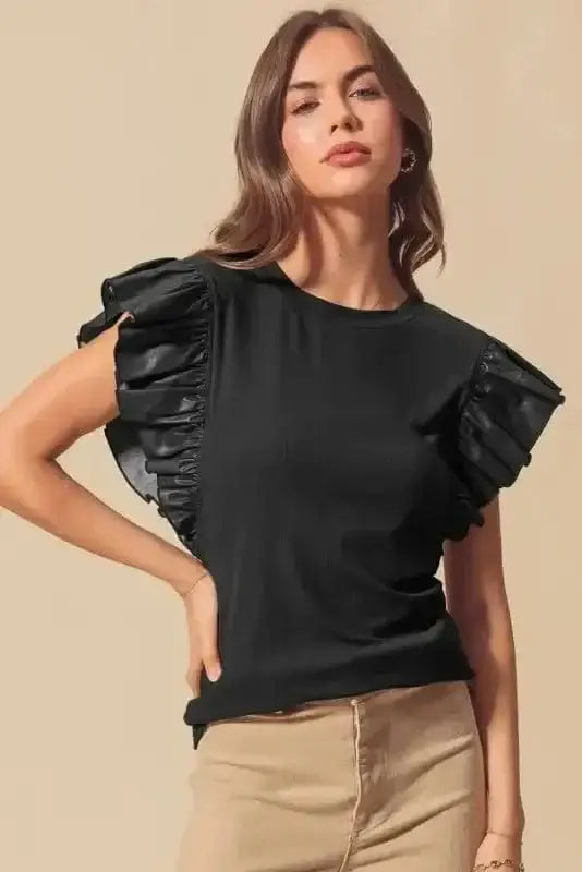 Faux leather ruffle sleeve blouse back view — Fashionfitz UK