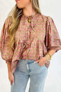 Light french beige floral half sleeve boho casual puff blouse front view — Fashionfitz UK