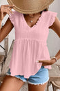 Pink Solid Ruffle Trim Flowy Top Women UK in light pink — front view showing soft blush pink and ruffle trim detail — Fashionfitz