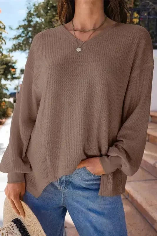 Blouses Modern Slouch Waffle Knit Blouse - Coffee
