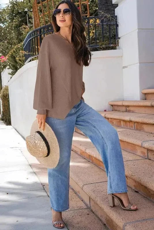 Blouses Modern Slouch Waffle Knit Blouse - Coffee