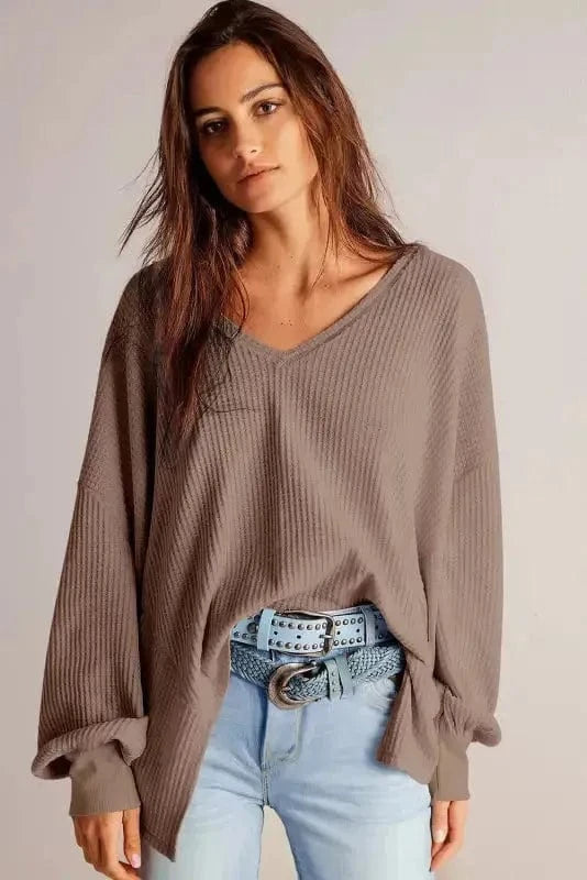 Blouses Modern Slouch Waffle Knit Blouse - Coffee
