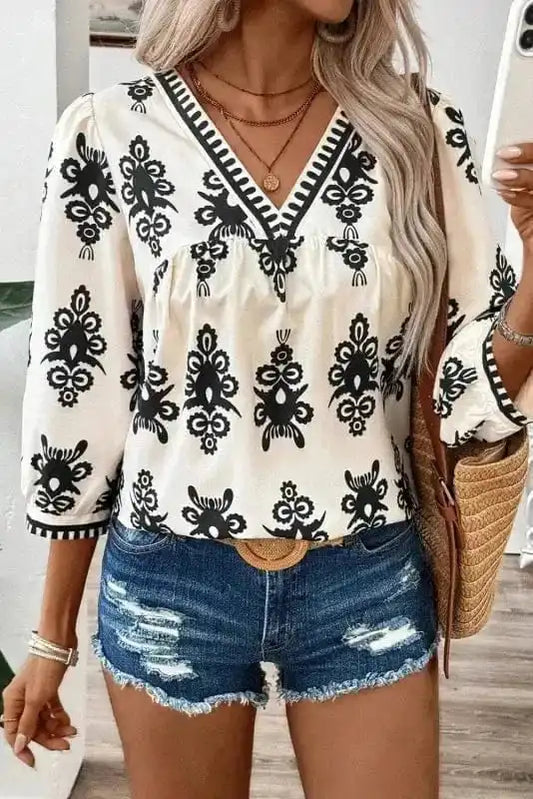 Blouses Off White / S / 100%Polyester Geometric Glamour Quarter-Sleeve Top