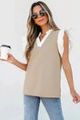 Ruffled Textured Knit Colour Block V-Neck Top Women UK in pale khaki — front view showing ruffled knit texture and colour block — Fashionfitz