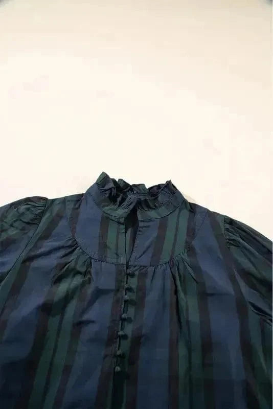 Blouses Plaid Elegant Blouse - Puff Sleeve Frilled Trim