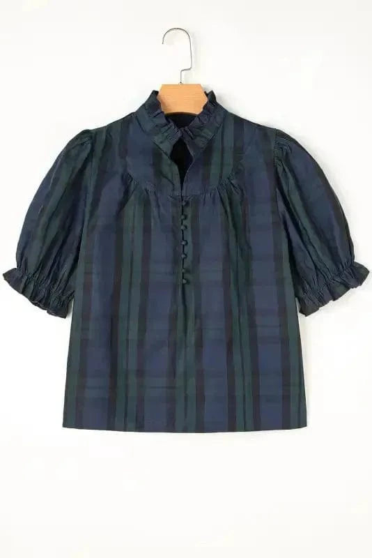 Blouses Plaid Elegant Blouse - Puff Sleeve Frilled Trim