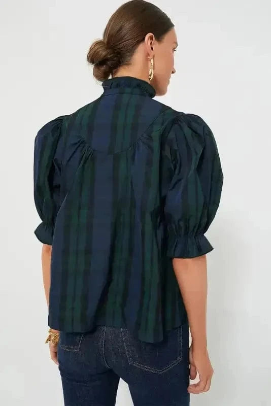 Blouses Plaid Elegant Blouse - Puff Sleeve Frilled Trim
