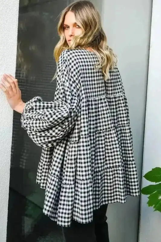 Blouses Retro Checkered Babydoll Blouse
