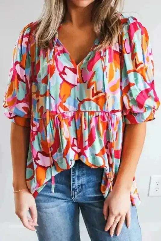 Blouses Rose Red / S / 100%Viscose Bohemian Breeze V-Neck Blouse