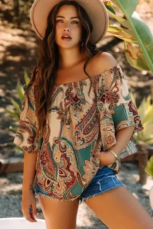 Blouses & Shirts Apricot / S / 100%Polyester Boho Bliss Shirred Paisley Blouse