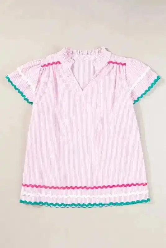 Blouses Sky Blue Stripe Ruffled Sleeve Blouse