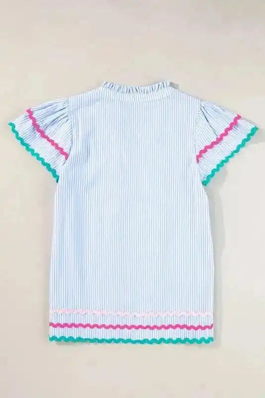 Blouses Sky Blue Stripe Ruffled Sleeve Blouse