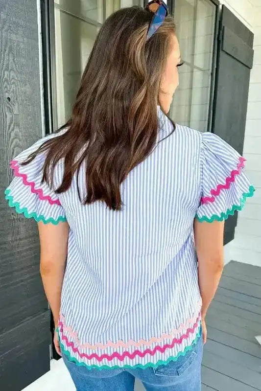 Blouses Sky Blue Stripe Ruffled Sleeve Blouse