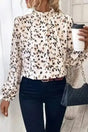 Leopard Print Mock Neck Puff Sleeve Pleated Blouse Women UK — front view showing bold leopard print and mock neck — Fashionfitz