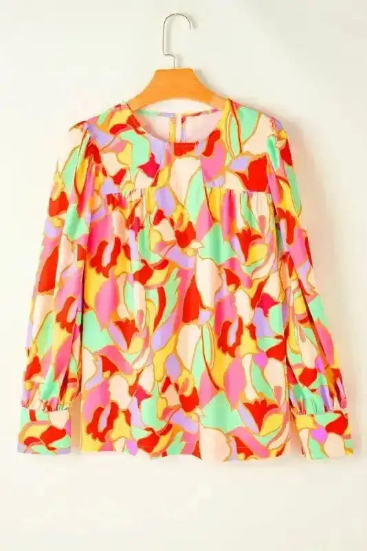 Blouses Yellow Abstract Puff Sleeve Blouse