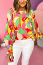 Yellow Abstract Puff Sleeve Blouse Women UK — front view showing vibrant yellow abstract print and romantic puff sleeves — Fashionfitz