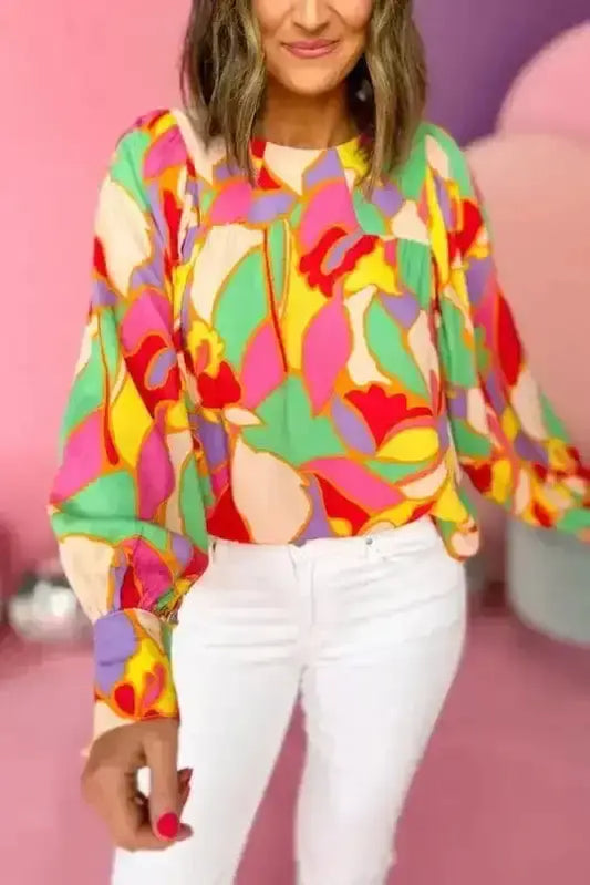 Blouses Yellow / S / 100%Polyester Yellow Abstract Puff Sleeve Blouse